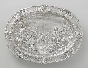 Auricular basin with scenes from the story of Diana and Actaeon; 1613; length: 50&nbsp;cm, height: 6&nbsp;cm, width: 40&nbsp;cm; Rijksmuseum (Amsterdam, the Netherlands)