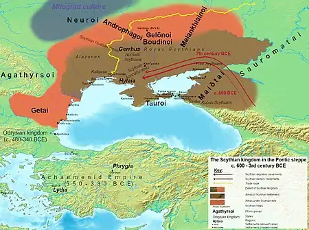 Maximum extent of the Scythian kingdom in the Pontic steppe (600-c. 200 BC)