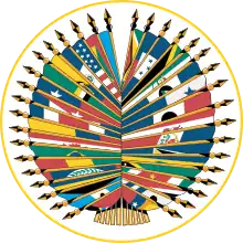 Emblem of 
Three other official names
Organisation des États américains&nbsp;(French)
  Organização dos Estados Americanos&nbsp;(Portuguese)
  Organización de los Estados Americanos&nbsp;(Spanish)
