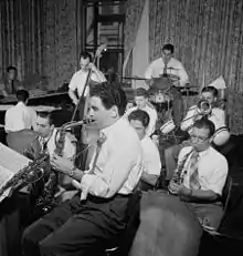 Chaloff (lower left) with Georgie Auld, Red Rodney, and Tiny Kahn, c. August 1947. Photo by William P. Gottlieb.