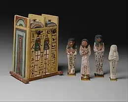 Four ushabtis of Khabekhnet and their box; 1279–1213&nbsp;BC; painted limestone; height of the ushabtis: 16.7&nbsp;cm; Metropolitan Museum of Art
