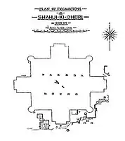 Ground plan of the second stupa, of a cruxiform shape. The central square plinth is 175 feet (53 m) wide, the full width, including the stairs is 272 feet (83 m).