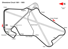 1991 to 1994: Major redesign to the circuit: Copse radius increased; Maggotts and Becketts esses; Stowe, Vale and Club complex; elevation change beyond Abbey; and Bridge, Priory, Brookands and Luffield complex. Track length: 5.226&nbsp;km. Lap record: Nigel Mansell, Williams-Renault, 1:18.965 (1992 British Grand Prix).