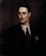 Chiaroscuro oil painting of Oswald Mosley with small moustache, white shirt and very dark tie and jacket, handkerchief in top pocket