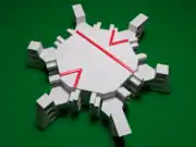 A three-dimensional analogue of the monotile, with matching rules implemented geometrically. Red lines are included only to illuminate the structure of the tiling. Note that this shape remains a connected set.