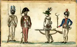 A scene of four uniformed soldiers of the Continental 1st Rhode Island Regiment. On the left, a black and a white soldier formally at "Attention" with Brown Bess muskets; on the right, a downcast white soldier walking back into formation with an officer barking at him holding a cat-o-nine tails for flogging.