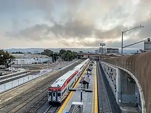 Overhead view of a train at a railroad station