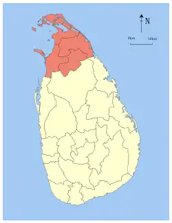 Map indicating the extent of Northern Province within Sri Lanka