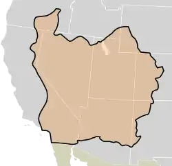 The boundaries of the provisional State of Deseret (orange with black outline) as proposed in 1849. Modern state boundaries are underlaid for reference.