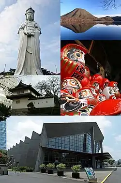 Left: Takasaki Kannon Statue&nbsp;[ja], Takasaki Castle, Gunma Music Center&nbsp;[ja], Right: Mount Haruna and Lake Haruna, Takasaki Daruma Doll (all items from above to bottom)