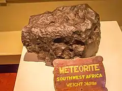 166&nbsp;kg (365&nbsp;lb) meteorite at the National Trust's Tatton Park. Identified as a Gibeon (meteorite), previously incorrectly labelled as Hoba.
