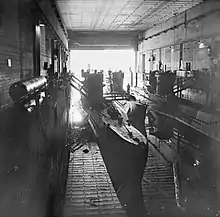 Three U-boats in a submarine pen at Dora I in Trondheim, 19 May 1945