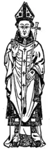 Thomas Cranley, Archbishop of Dublin (died 1417). From a brass in New College Chapel, Oxford. In addition to the vestments shown in the image of Bishop Johannes, he wears the archiepiscopal pallium.
