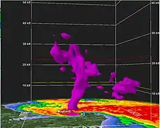 Image 14Radar 3D volume scan of the supercell showing debris lofted over 30,000 feet (9.1&nbsp;km) in the air as the tornado struck Mayfield. (from 2021 Western Kentucky tornado)
