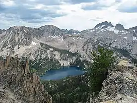A photo of Snowyside Peak and Toxaway Lake from Sand Mountain Pass.