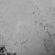 Close-up photograph (context) showing polygonal convection cells in the nitrogen ice of Sputnik Planitia, the western lobe of Tombaugh Regio(14&nbsp;July 2015).