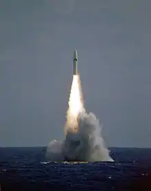 A Polaris A3 missile is launched from USS&nbsp;Robert E. Lee. The advent of Polaris allowed for a virtually undetectable launching platform, as the submarine no longer needed to surface to launch its weapons