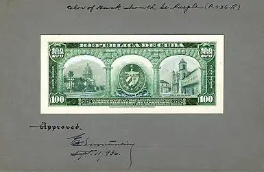 BEP progress proof reverse for a 1930s Cuban 100 peso silver certificate depicting the Cuban coat of arms.