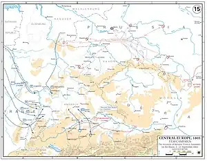 Map with scattered blue lines showing the French army heading east towards Central Europe. The Russians are still moving through Eastern Europe.