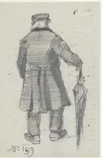 An old man in a long overcoat with an umbrella seen from the back. His white hair reaches his collar and he is wearing a cap.