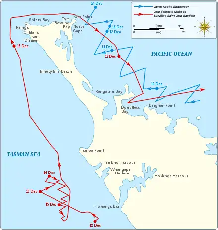 A map of the north of the North Island of New Zealand showing the routes of Saint Jean-Baptiste and James Cook's Endeavour