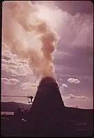 Wigwam burner at a Louisiana-Pacific lumber plant in Post Falls, Idaho (May 1973)