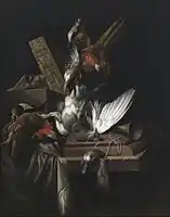 Still life with game birds and implements of the chase on a draped stone ledge