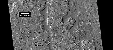Close-up of lava flow with labels, as seen by HiRISE under HiWish program  Note: this is an enlargement of the previous image of lava flows.