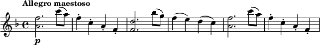 \relative c'' {
\tempo "Allegro maestoso"
\key f \major
<f a,>2.\p c'8( a) |
f4-. c-. a-. f-. |
<f d'>2. bes'8( g) |
f4( e) d( c) |
<f a,>2. c'8( a) |
f4-. c-. a-. f-. |
}