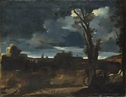 Moonlit Landscape (c. 1616, oil on canvas, 55 × 71&nbsp;cm, Nationalmuseum, Stockholm, Sweden). An early, naturalistic landscape.